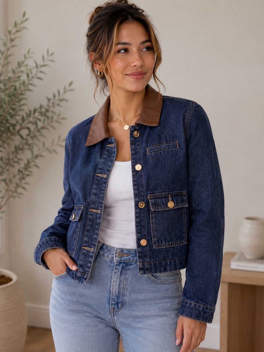 Women Denim Jacket with Brown Collar